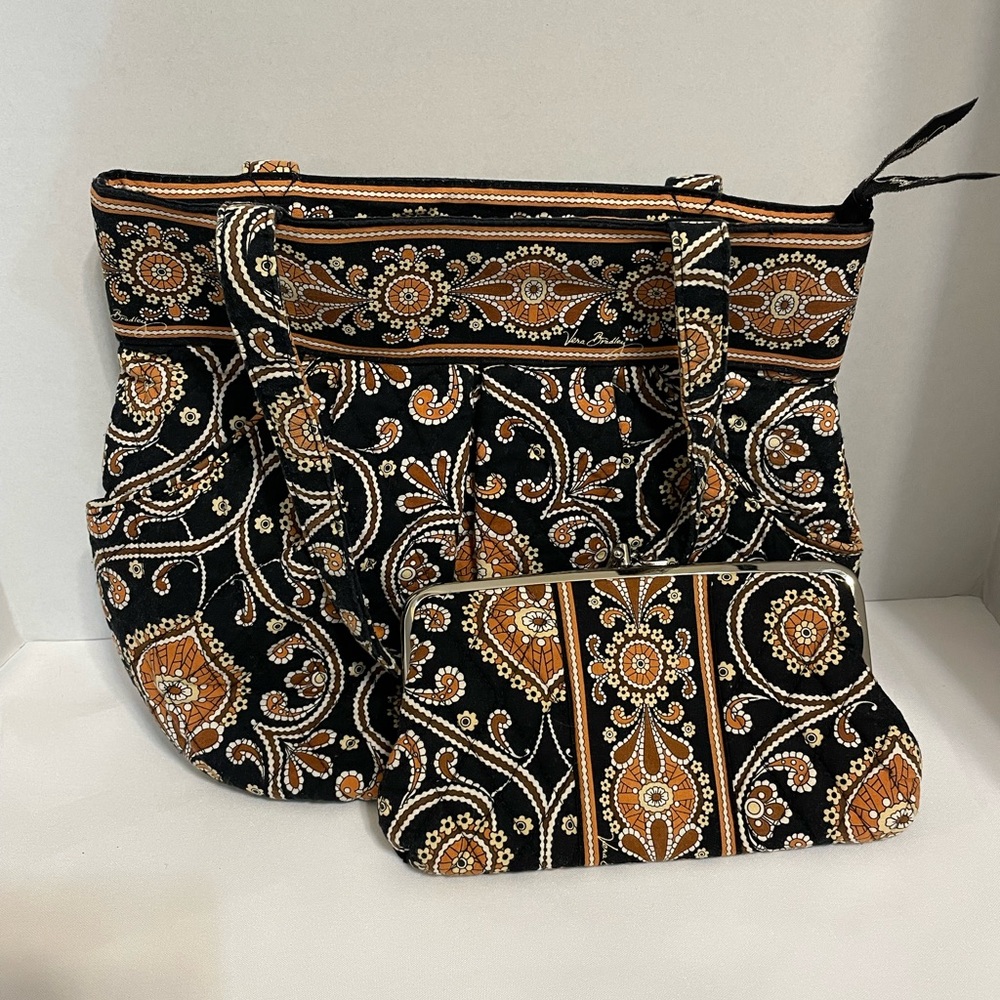 Vera Bradley handbag Pleated‎ Satchel Caffe Latte W/ matching Snap Wallet brown